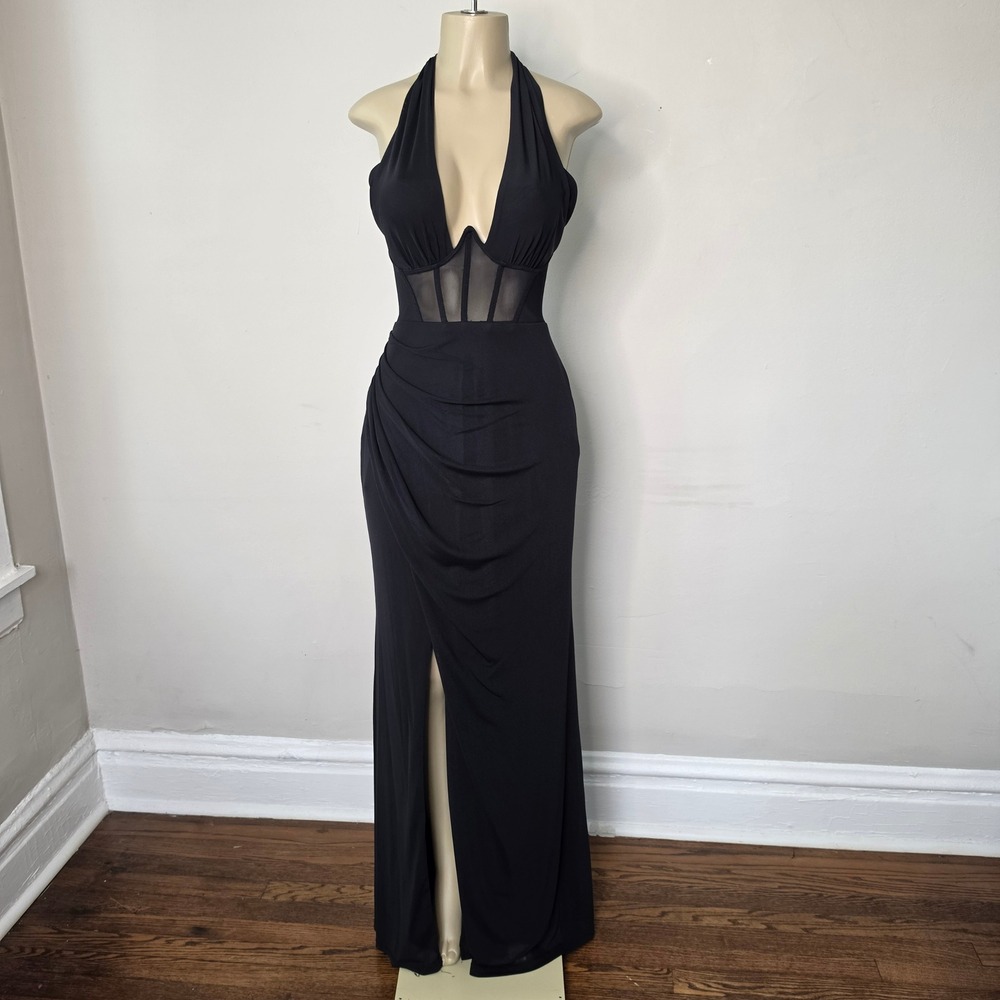 Lulus Maxi Dress Women XL Black NJD514 Halter Mesh Corset High Slit Formal Gown